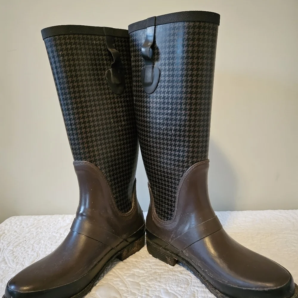 LL BEAN Wellie Tall, Black & Brown Houndstooth, Waterproof Rain Boots 9.5/10